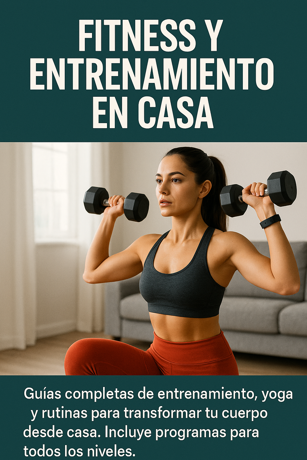 Mujer entrenando con pesas en casa; portada del ebook de fitness y rutinas para todos los niveles.