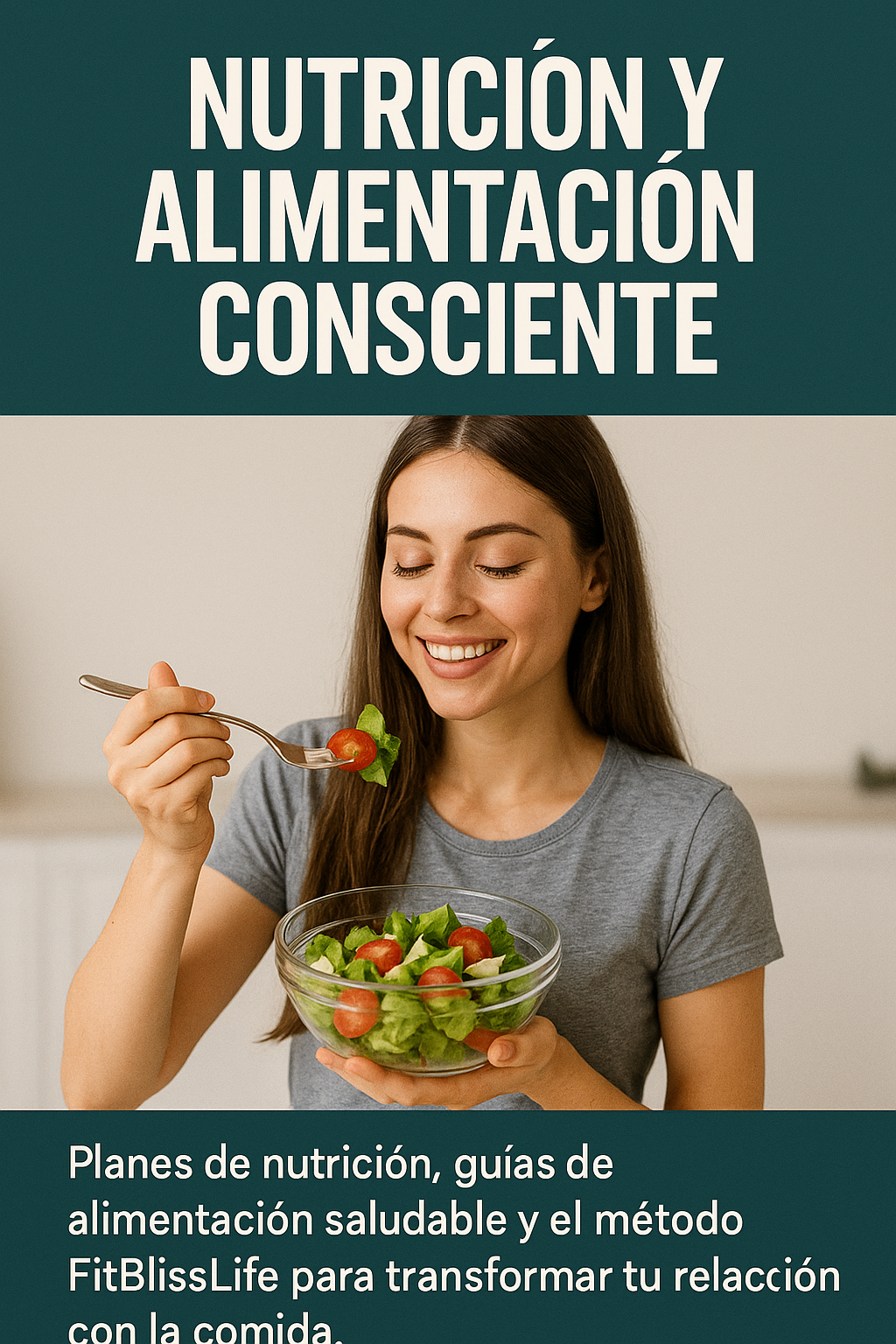 Guía digital de nutrición y alimentación consciente con imagen de una mujer sosteniendo una ensalada.