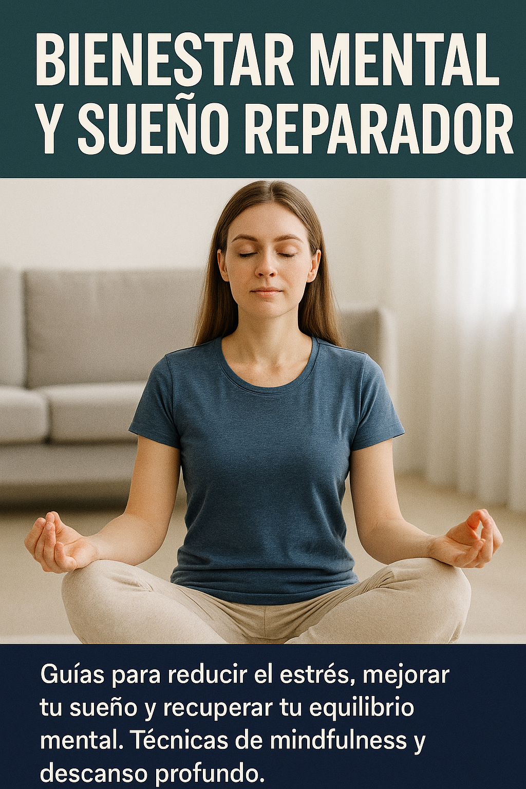 Portada del ebook sobre bienestar mental y sueño reparador, con una mujer meditando en un ambiente relajado.